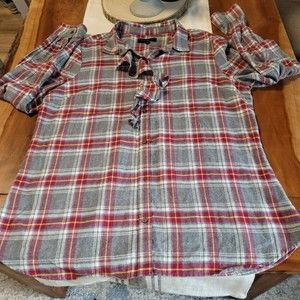 Banana Republic Gray & Maroon Plaid Flannel Shirt with Ruffle EUC Size XL